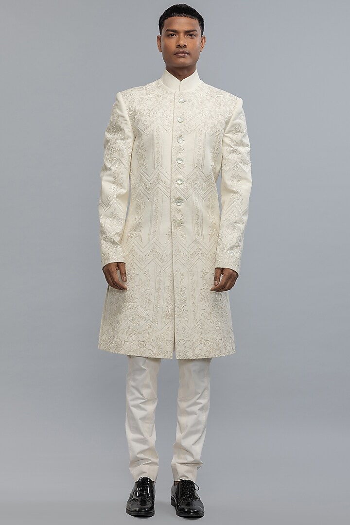 Ivory Matka Silk Hand & Machine Embroidered Groom Sherwani by Rohit Bal Men at Pernia's Pop Up Shop