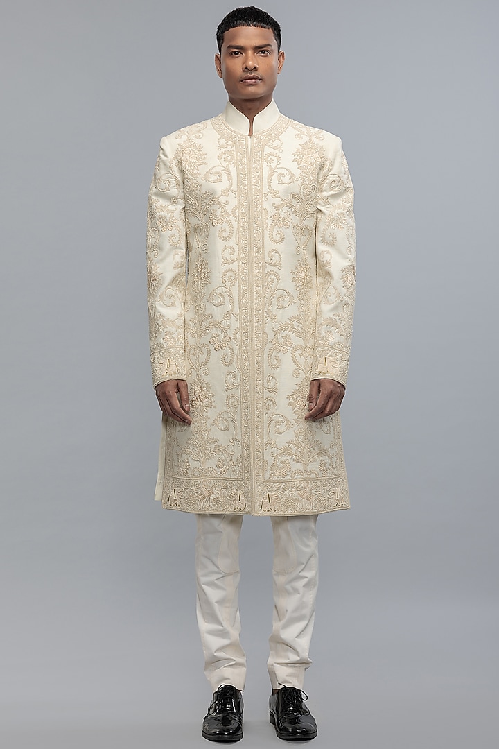 Ivory Matka Silk Hand & Machine Embroidered Groom Sherwani by Rohit Bal Men at Pernia's Pop Up Shop