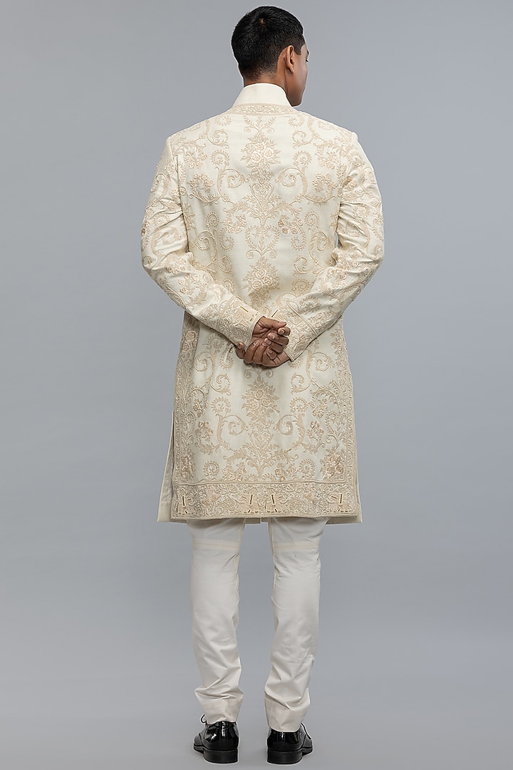 Ivory Matka Silk Hand & Machine Embroidered Groom Sherwani by Rohit Bal Men at Pernia's Pop Up Shop