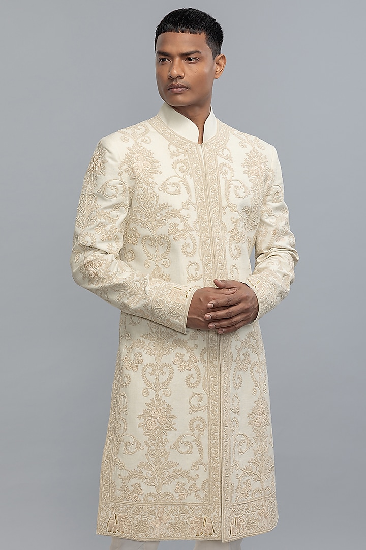 Ivory Matka Silk Hand & Machine Embroidered Groom Sherwani by Rohit Bal Men at Pernia's Pop Up Shop