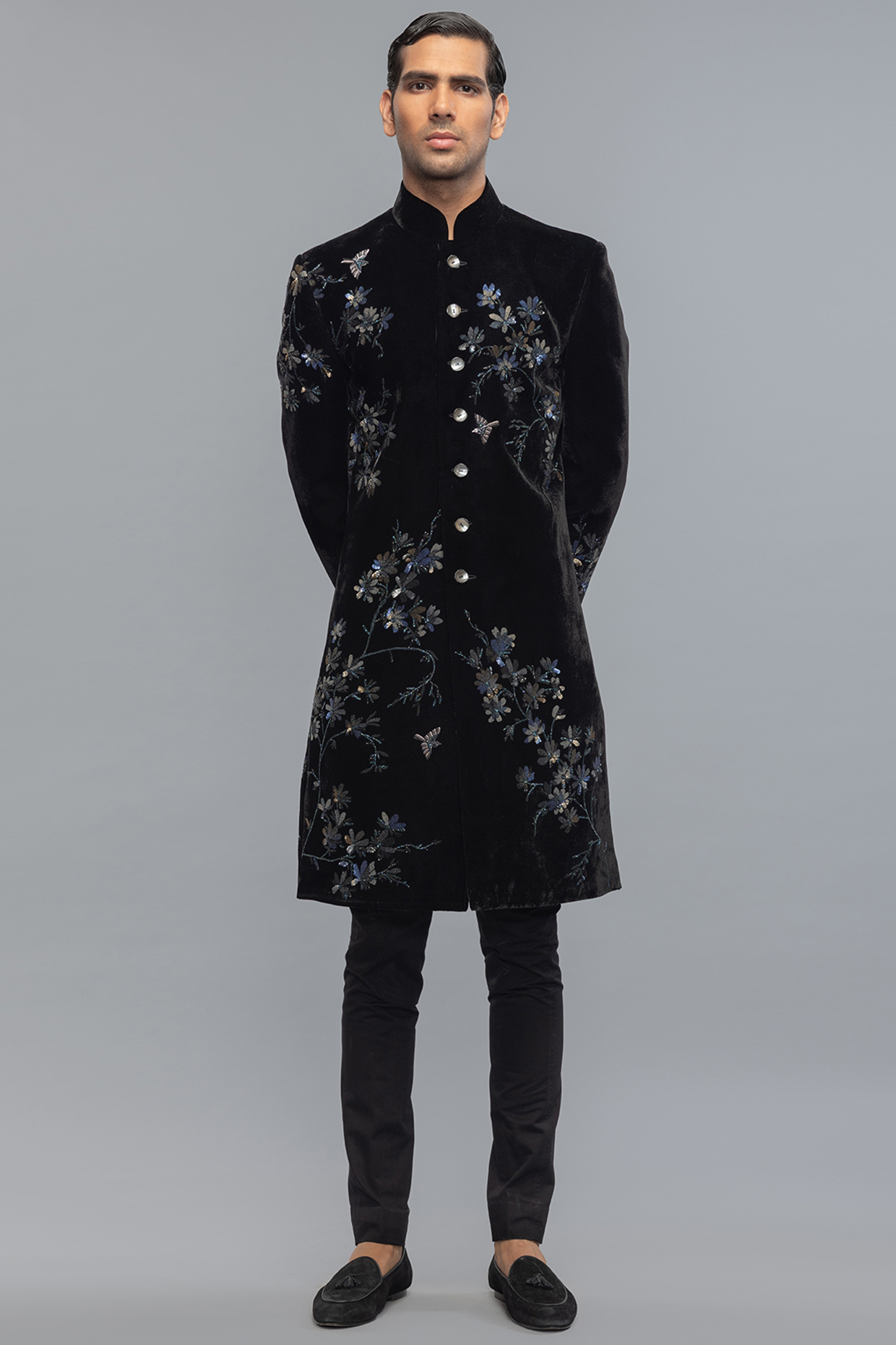 Black Velvet Embroidered Sherwani by Rohit Bal Men