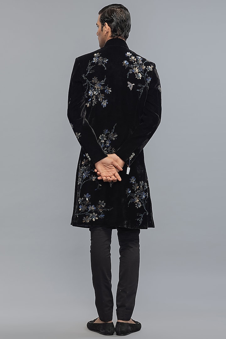 Black Velvet Embroidered Groom Sherwani by Rohit Bal Men at Pernia's Pop Up Shop