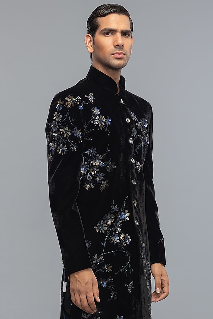 Black Velvet Embroidered Groom Sherwani by Rohit Bal Men at Pernia's Pop Up Shop