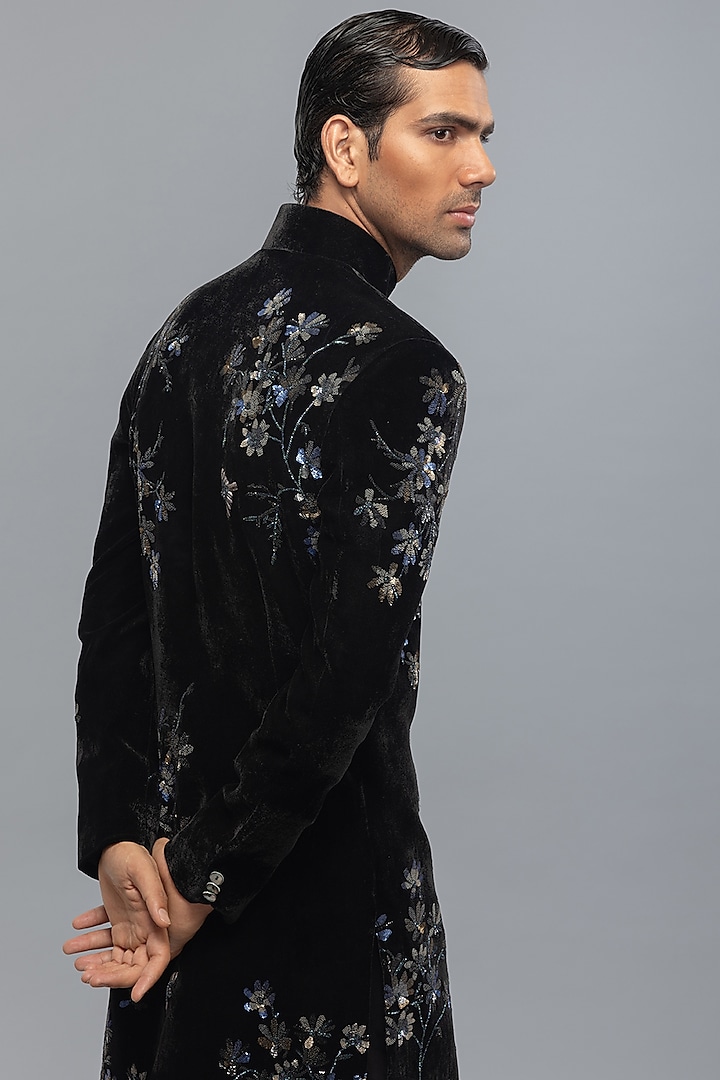 Black Velvet Embroidered Groom Sherwani by Rohit Bal Men at Pernia's Pop Up Shop