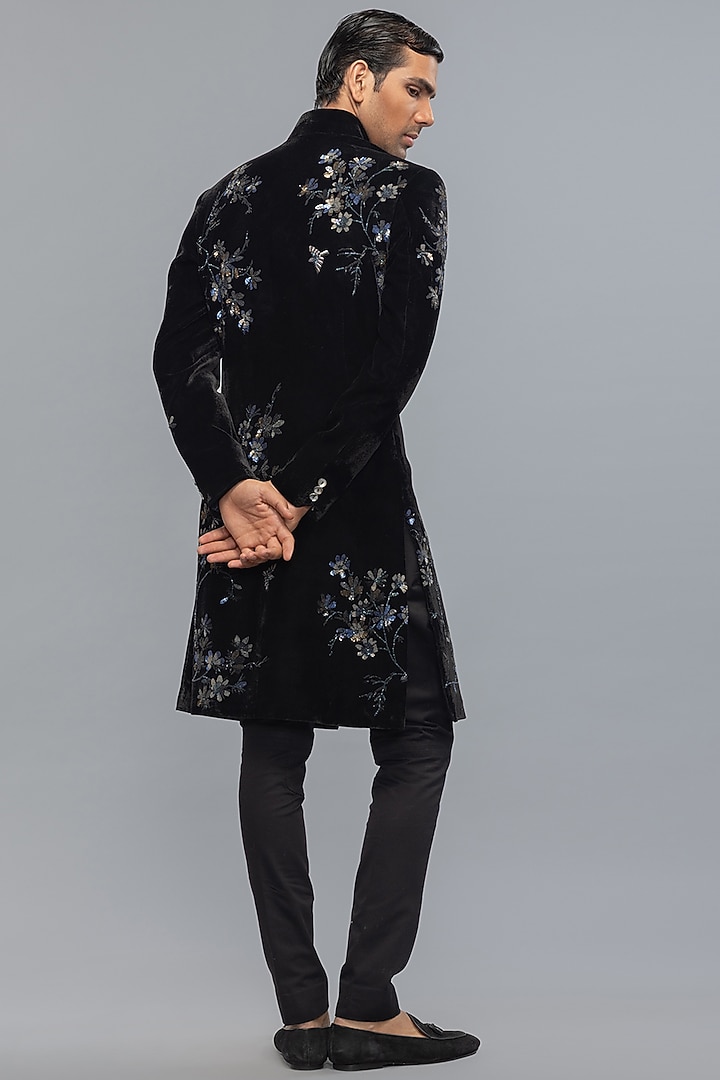 Black Velvet Embroidered Groom Sherwani by Rohit Bal Men at Pernia's Pop Up Shop