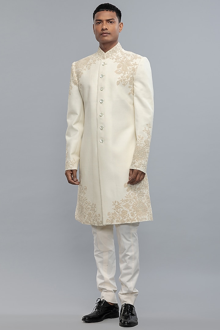 Ivory Matka Silk Hand Embroidered Groom Sherwani by Rohit Bal Men at Pernia's Pop Up Shop