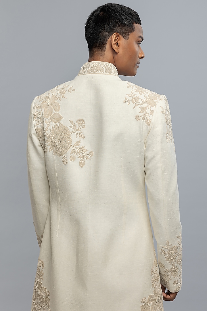 Ivory Matka Silk Hand Embroidered Groom Sherwani by Rohit Bal Men at Pernia's Pop Up Shop