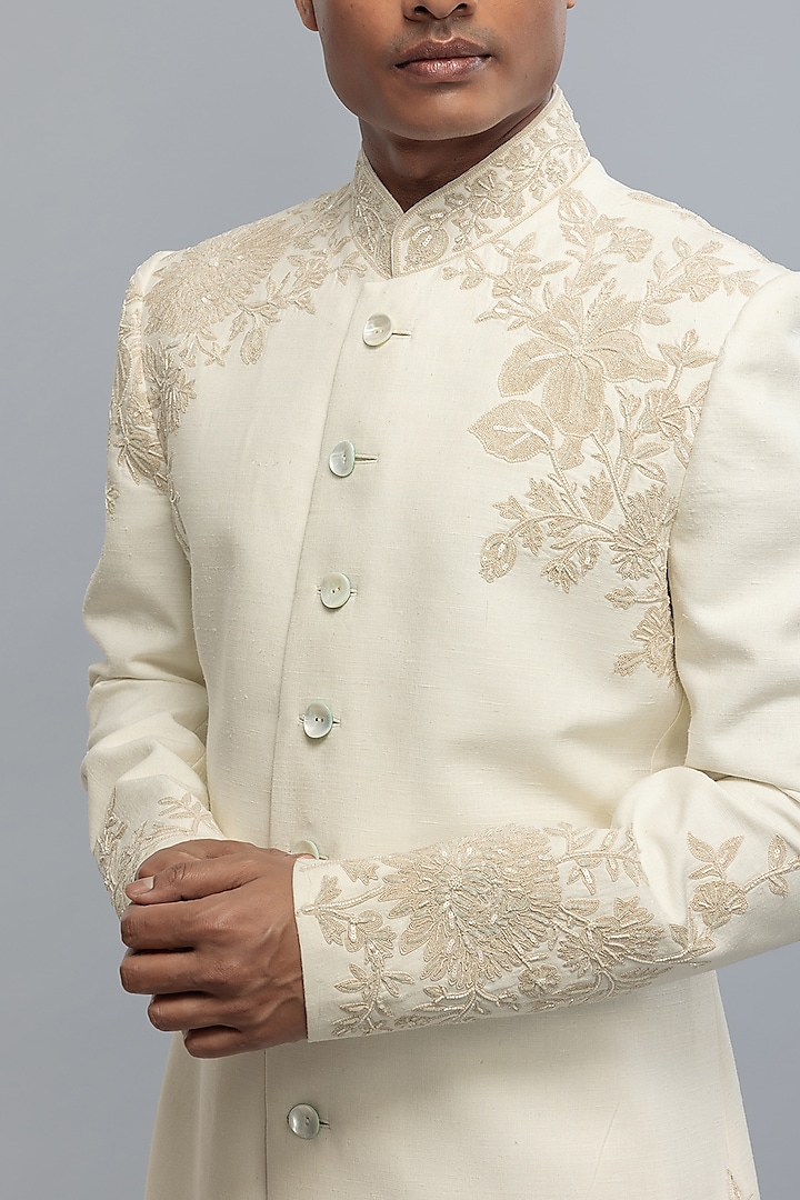 Ivory Matka Silk Hand Embroidered Groom Sherwani by Rohit Bal Men at Pernia's Pop Up Shop