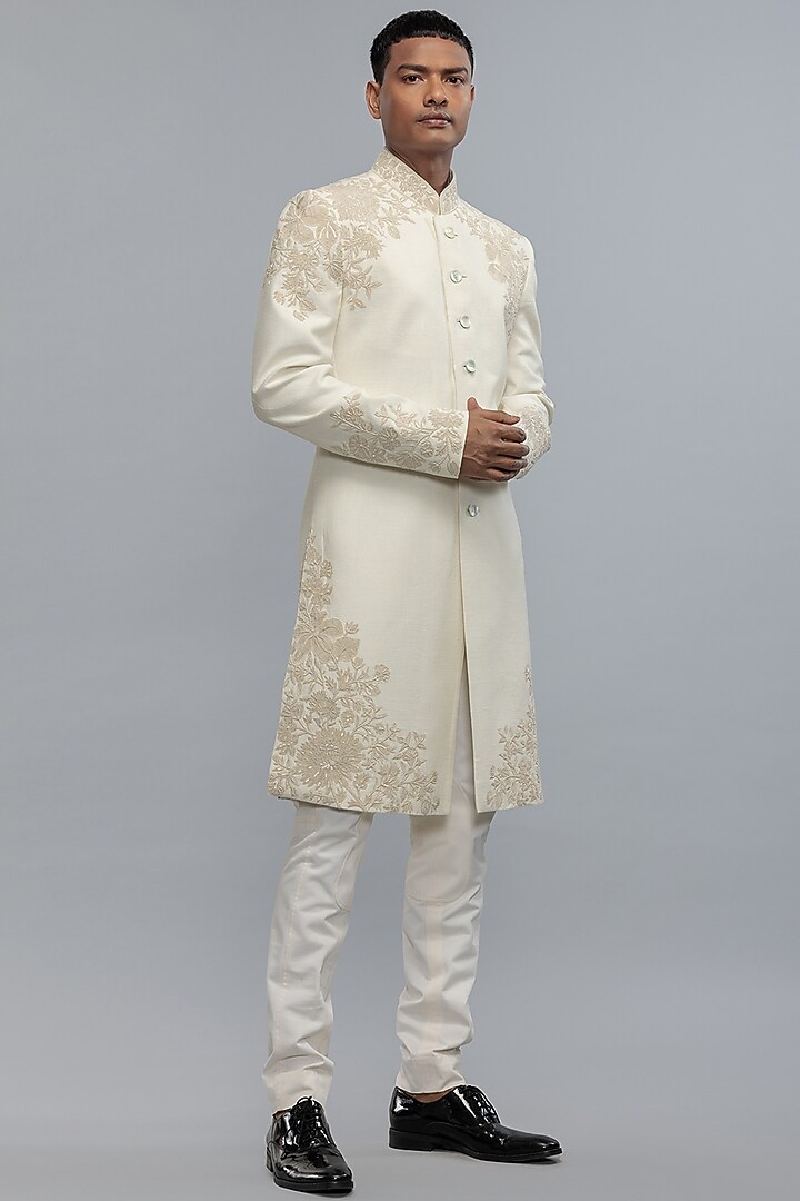 Ivory Matka Silk Hand Embroidered Groom Sherwani by Rohit Bal Men at Pernia's Pop Up Shop