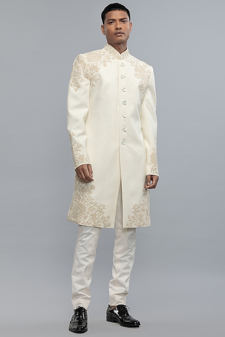 Ivory Matka Silk Hand Embroidered Groom Sherwani by Rohit Bal Men at Pernia's Pop Up Shop