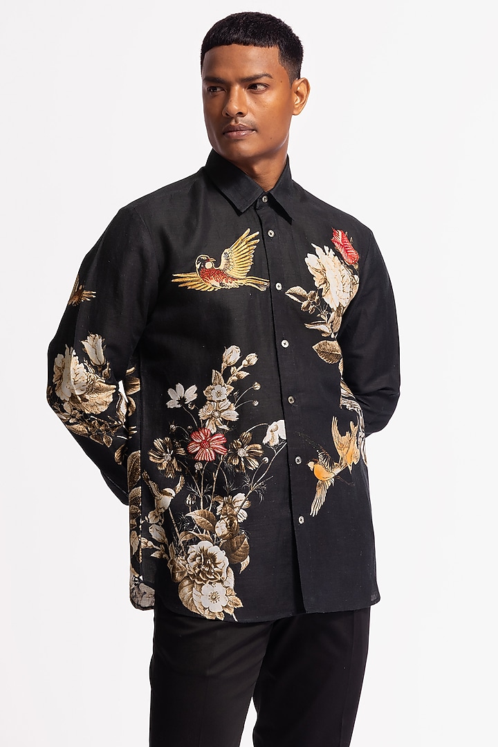 Black Poplin Floral & Bird Motif Printed Party Wear Shirt by Rohit Bal Men at Pernia's Pop Up Shop