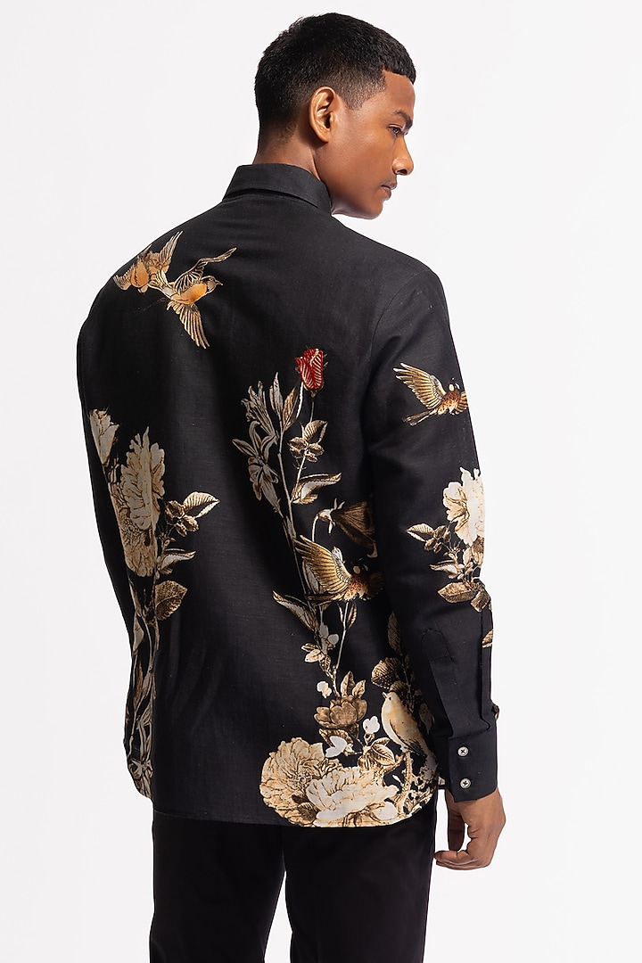 Black Poplin Floral & Bird Motif Printed Party Wear Shirt by Rohit Bal Men at Pernia's Pop Up Shop