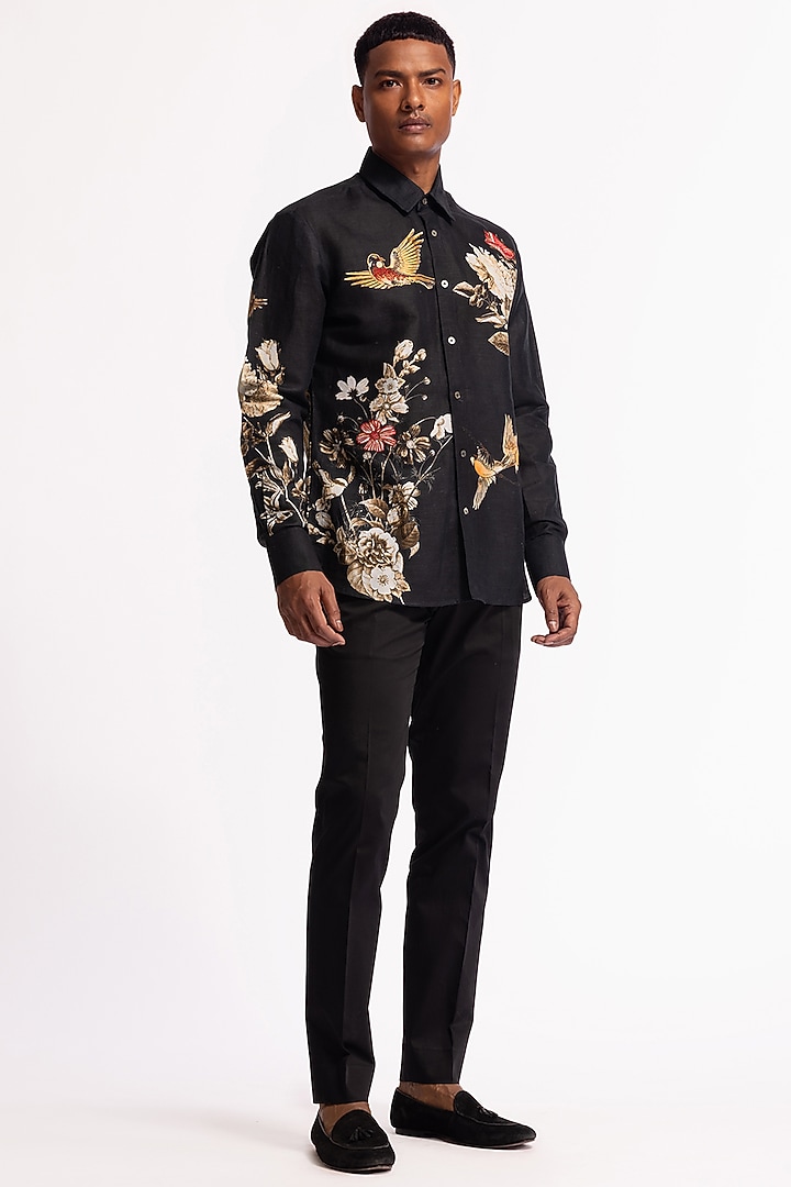 Black Poplin Floral & Bird Motif Printed Party Wear Shirt by Rohit Bal Men at Pernia's Pop Up Shop
