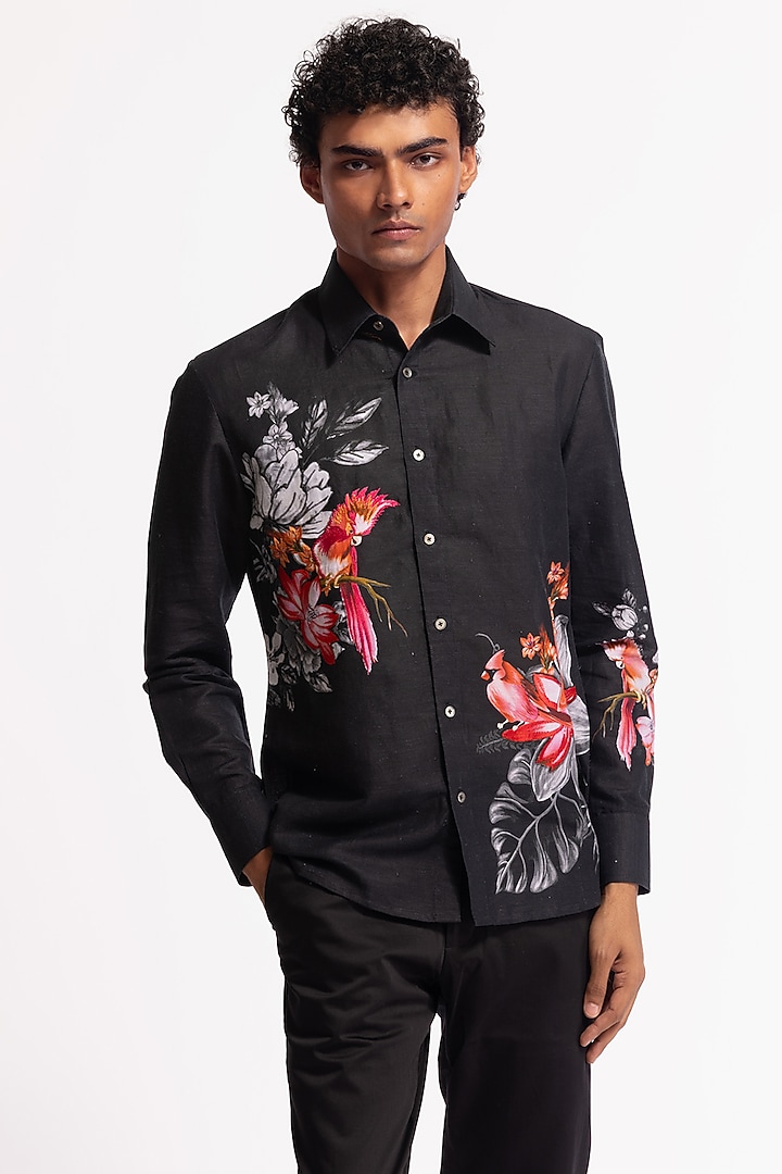 Black Poplin Floral & Bird Motif Printed Party Wear Shirt by Rohit Bal Men at Pernia's Pop Up Shop