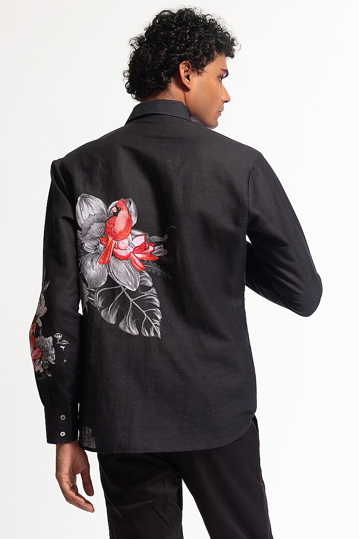 Black Poplin Floral & Bird Motif Printed Party Wear Shirt by Rohit Bal Men at Pernia's Pop Up Shop