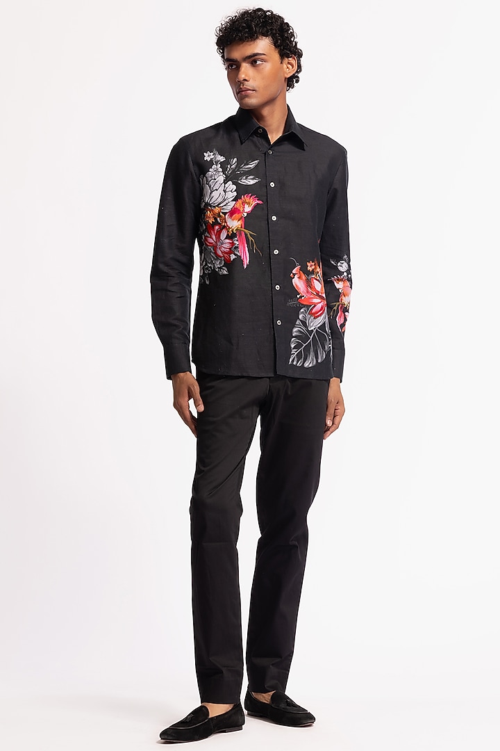 Black Poplin Floral & Bird Motif Printed Party Wear Shirt by Rohit Bal Men at Pernia's Pop Up Shop