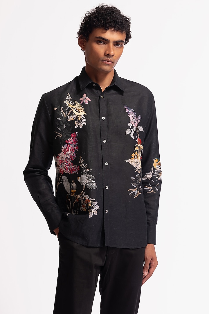 Black Poplin Floral & Bird Motif Printed Party Wear Shirt by Rohit Bal Men at Pernia's Pop Up Shop