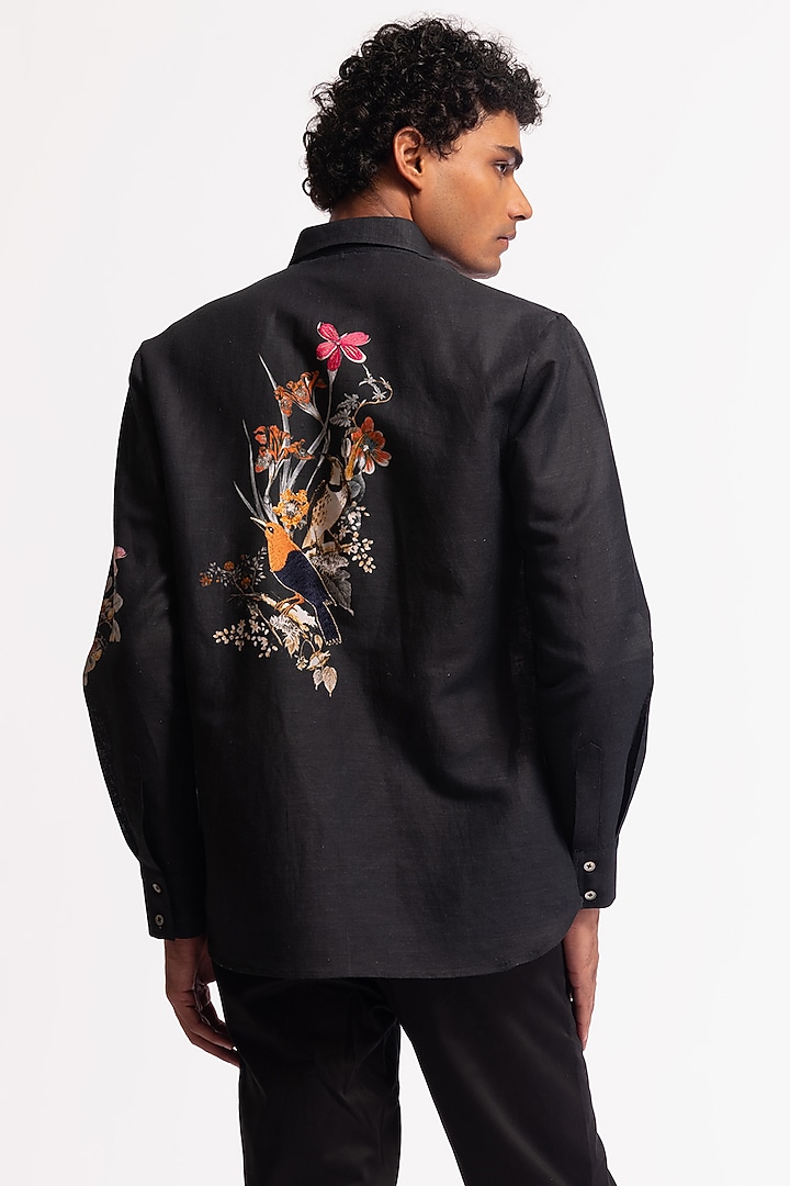 Black Poplin Floral & Bird Motif Printed Party Wear Shirt by Rohit Bal Men at Pernia's Pop Up Shop