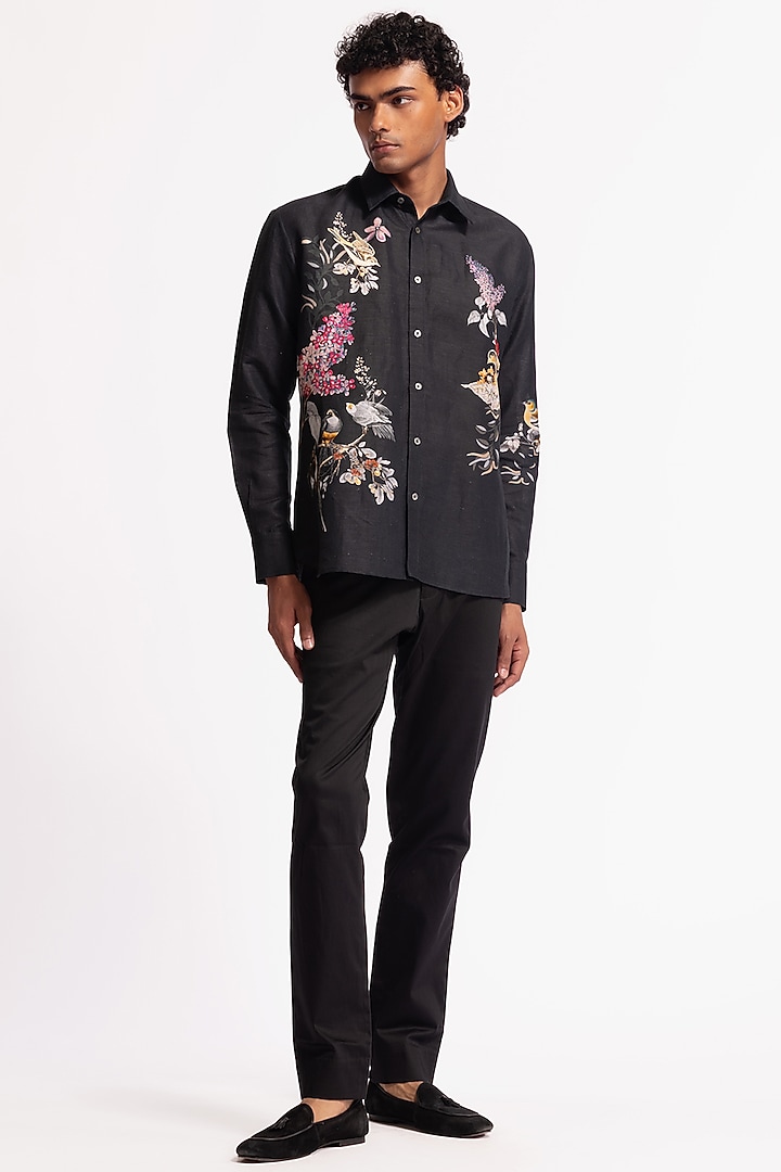 Black Poplin Floral & Bird Motif Printed Party Wear Shirt by Rohit Bal Men at Pernia's Pop Up Shop
