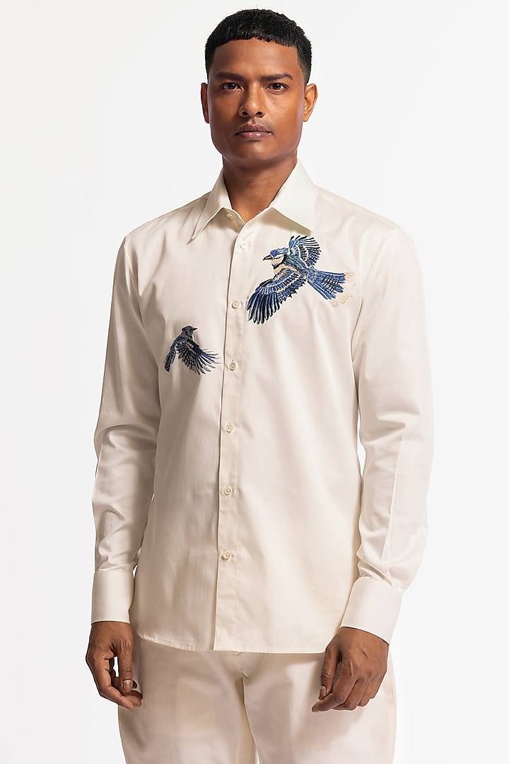 Ivory Poplin Bird Motif Machine Embroidered Wedding Shirt by Rohit Bal Men at Pernia's Pop Up Shop