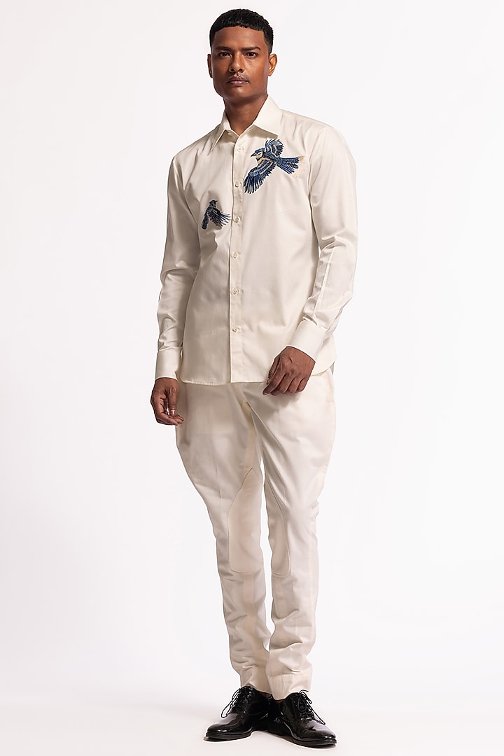 Ivory Poplin Bird Motif Machine Embroidered Wedding Shirt by Rohit Bal Men at Pernia's Pop Up Shop