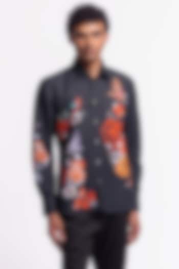 Black Poplin Floral & Bird Motif Printed Shirt by Rohit Bal Men
