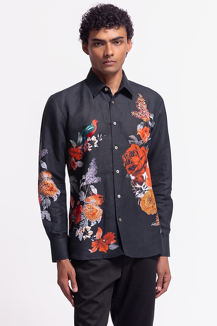 Black Poplin Floral & Bird Motif Printed Shirt by Rohit Bal Men
