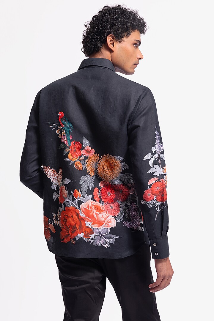 Black Poplin Floral & Bird Motif Printed Party Wear Shirt by Rohit Bal Men at Pernia's Pop Up Shop