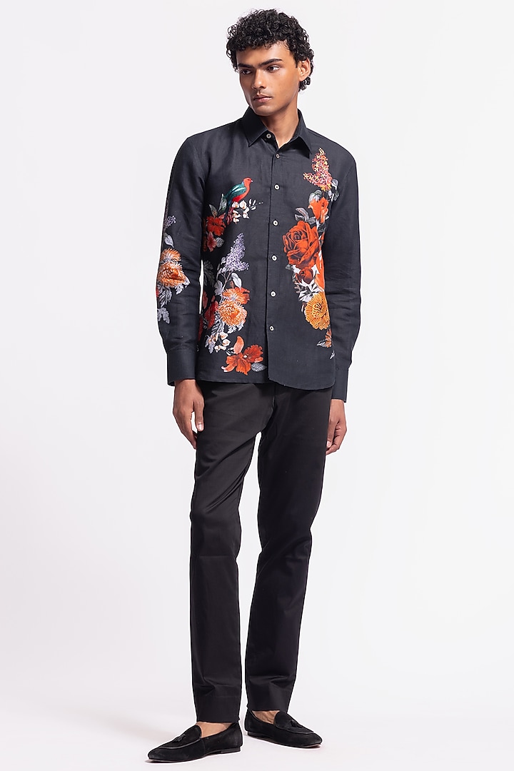 Black Poplin Floral & Bird Motif Printed Party Wear Shirt by Rohit Bal Men at Pernia's Pop Up Shop
