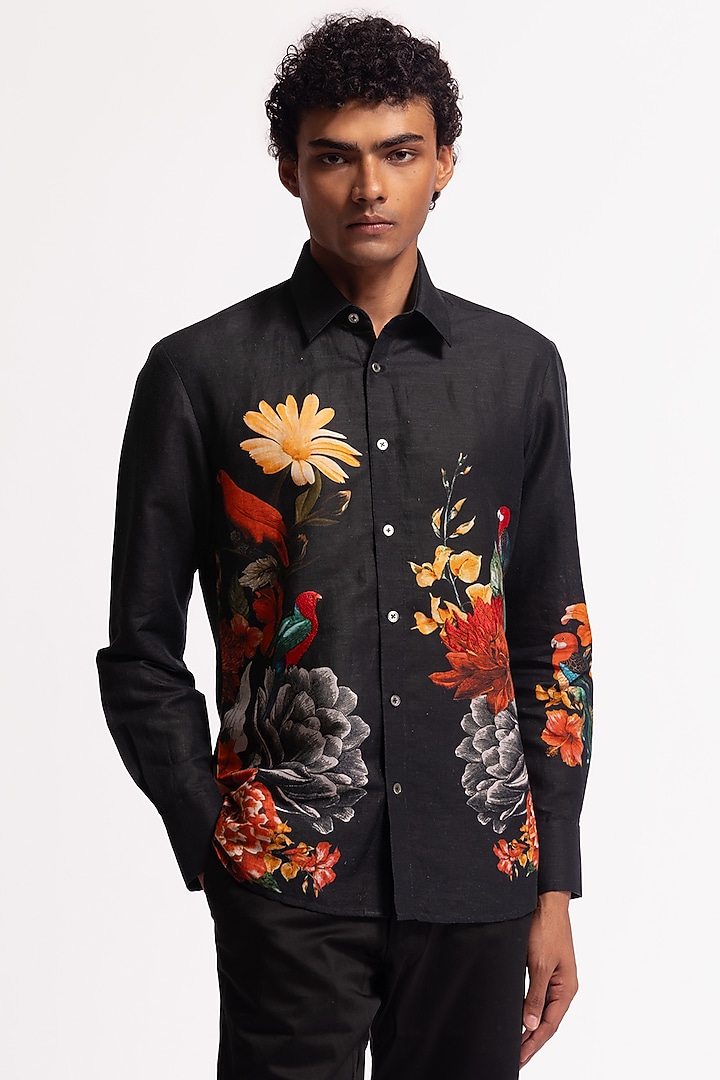Black Poplin Floral & Bird Motif Printed Party Wear Shirt by Rohit Bal Men at Pernia's Pop Up Shop