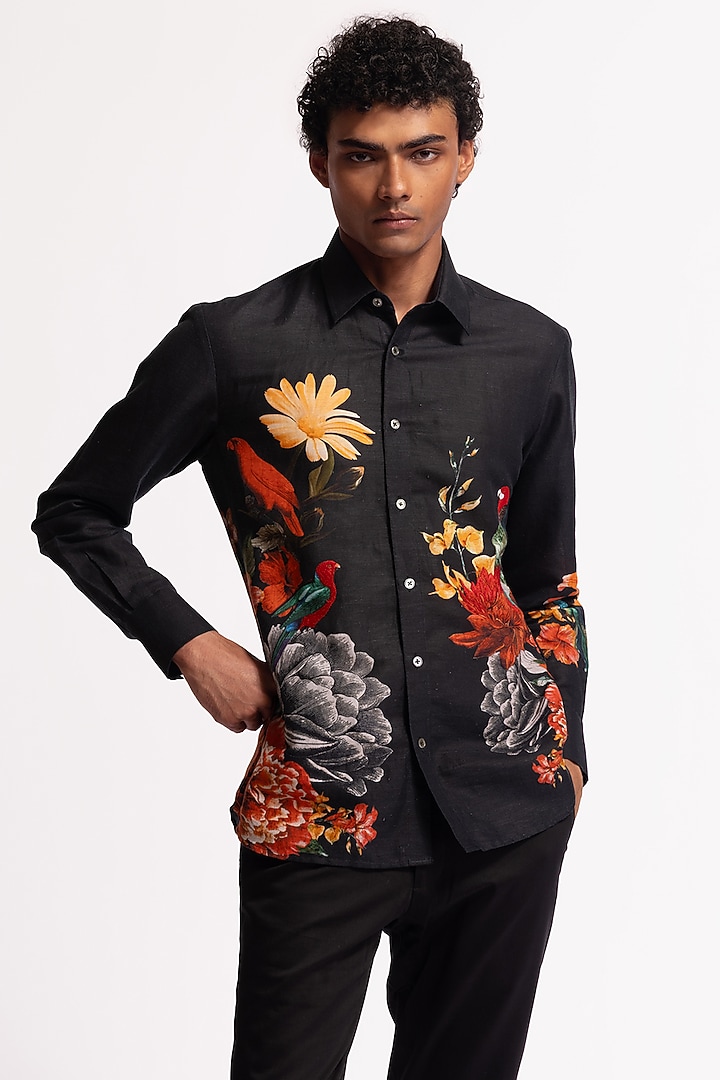 Black Poplin Floral & Bird Motif Printed Party Wear Shirt by Rohit Bal Men at Pernia's Pop Up Shop