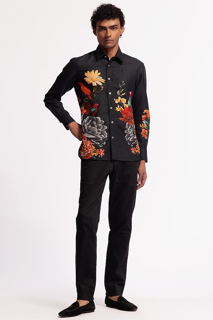 Black Poplin Floral & Bird Motif Printed Party Wear Shirt by Rohit Bal Men at Pernia's Pop Up Shop