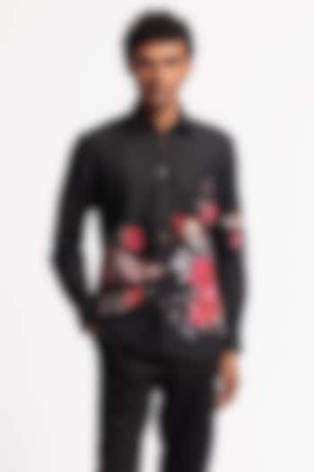 Black Poplin Floral & Bird Motif Printed Party Wear Shirt by Rohit Bal Men at Pernia's Pop Up Shop