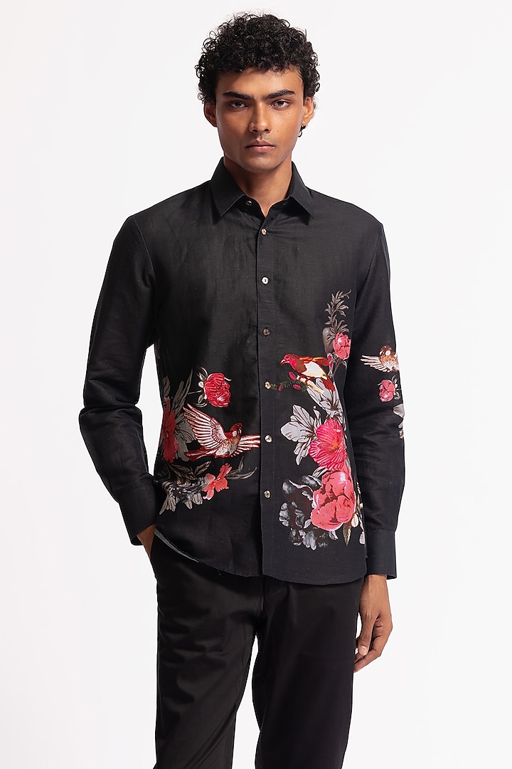 Black Poplin Floral & Bird Motif Printed Party Wear Shirt by Rohit Bal Men at Pernia's Pop Up Shop