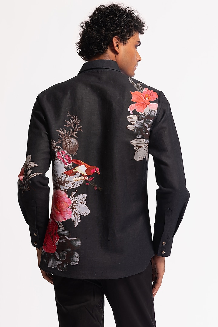 Black Poplin Floral & Bird Motif Printed Party Wear Shirt by Rohit Bal Men at Pernia's Pop Up Shop