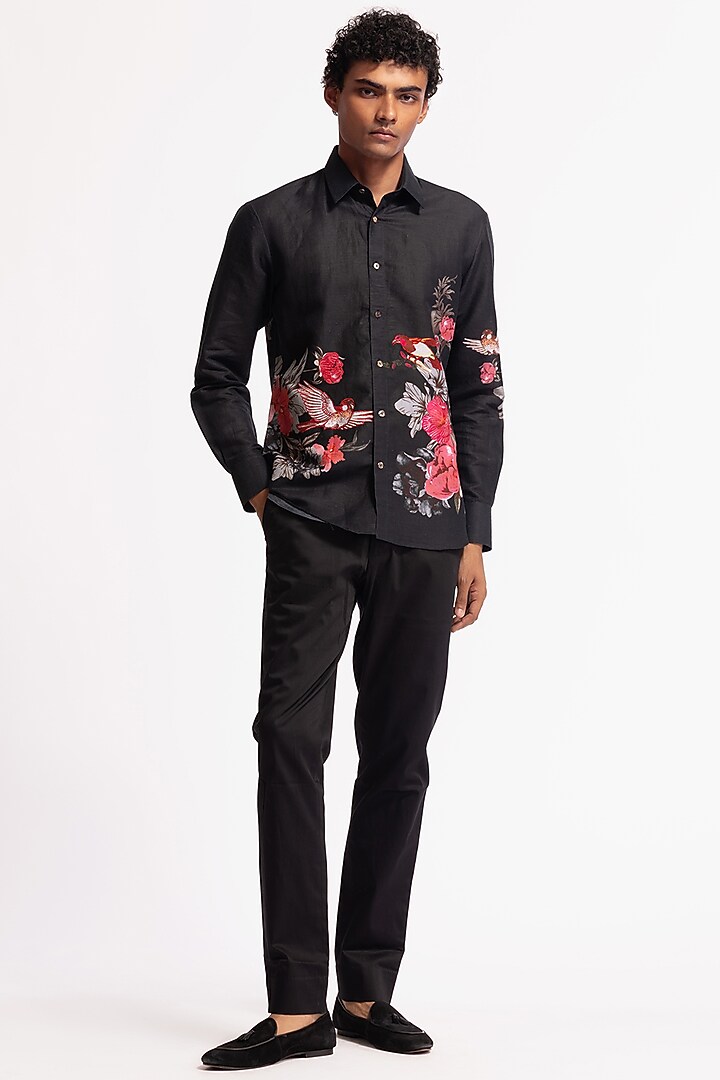Black Poplin Floral & Bird Motif Printed Party Wear Shirt by Rohit Bal Men at Pernia's Pop Up Shop