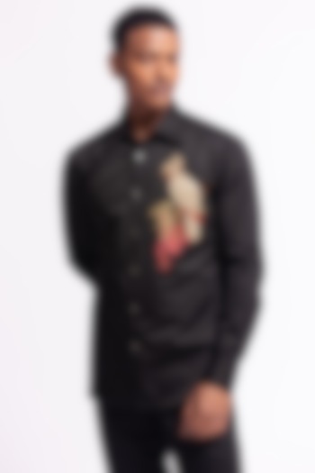 Black Poplin Floral & Bird Motif Printed Wedding Shirt by Rohit Bal Men at Pernia's Pop Up Shop