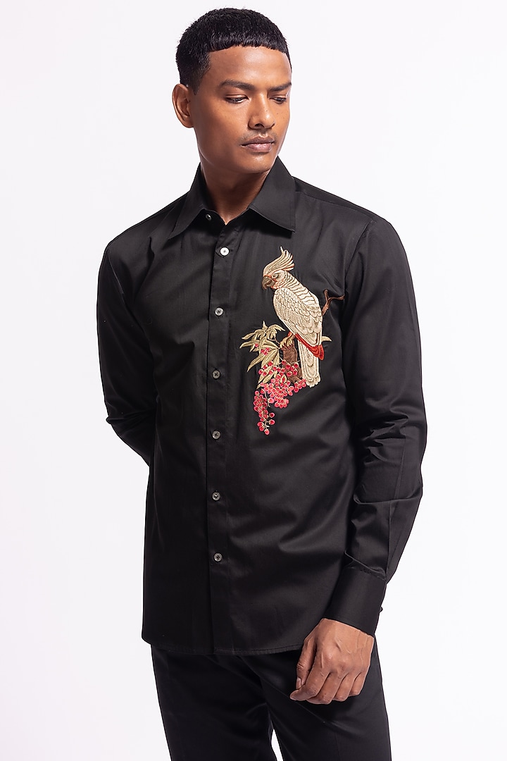 Black Poplin Floral & Bird Motif Printed Wedding Shirt by Rohit Bal Men at Pernia's Pop Up Shop