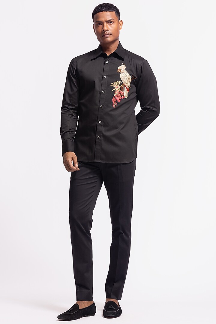 Black Poplin Floral & Bird Motif Printed Wedding Shirt by Rohit Bal Men at Pernia's Pop Up Shop