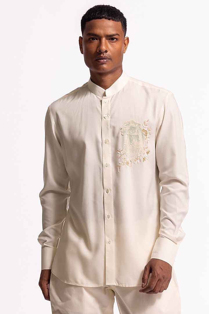 Ivory Poplin Bird Motif Machine Embroidered Wedding Shirt by Rohit Bal Men at Pernia's Pop Up Shop