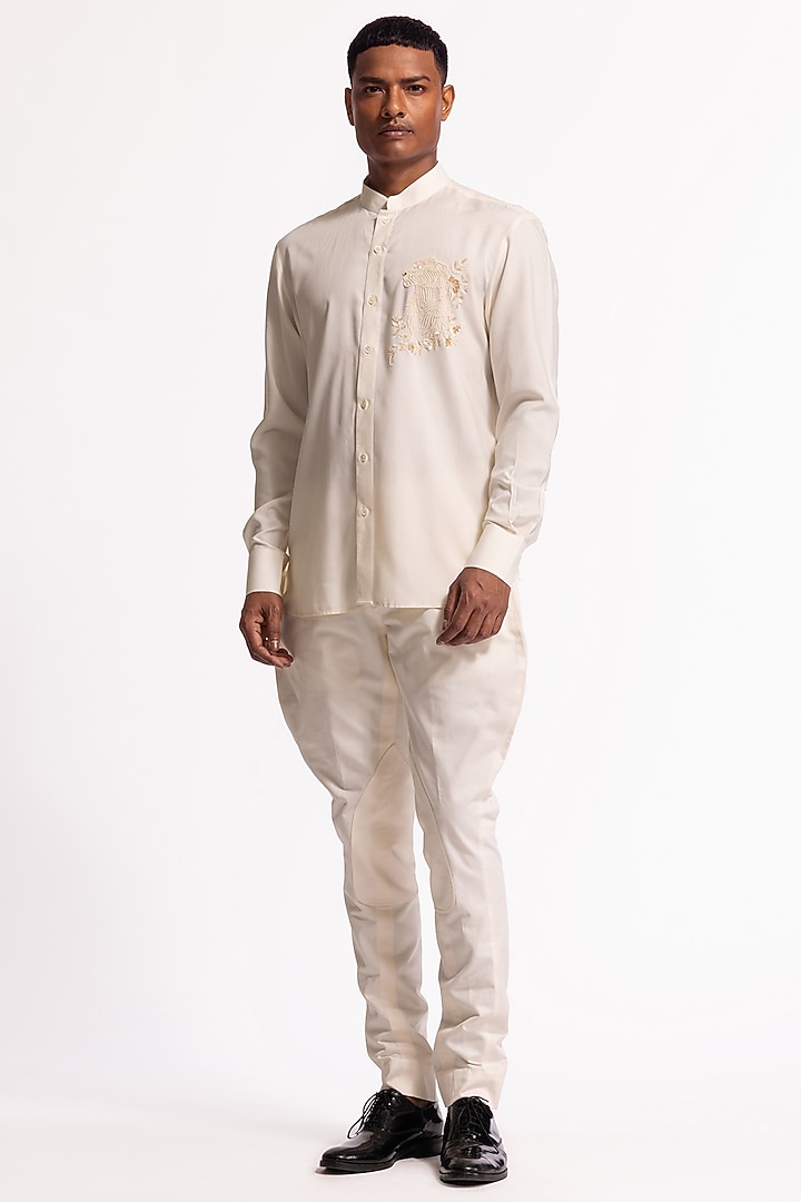 Ivory Poplin Bird Motif Machine Embroidered Wedding Shirt by Rohit Bal Men at Pernia's Pop Up Shop