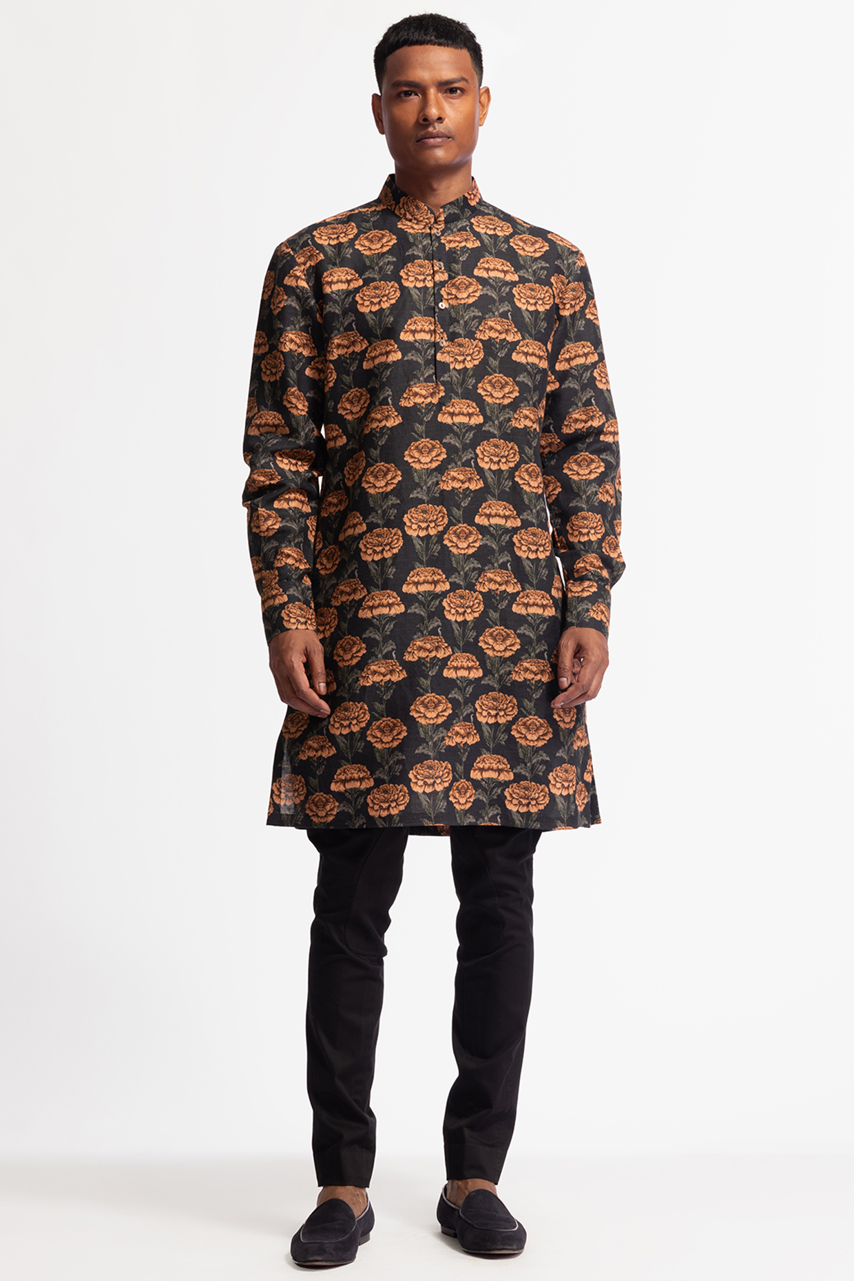 Black Chanderi Floral Printed Kurta Set by Rohit Bal Men