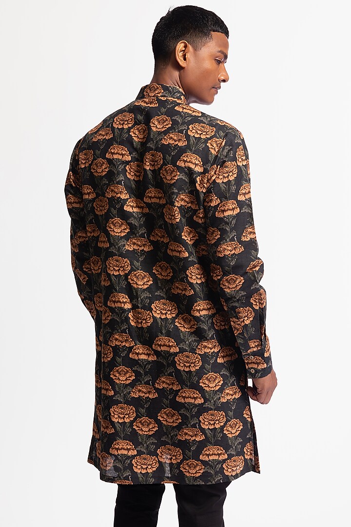 Black Chanderi Floral Printed Kurta Set by Rohit Bal Men at Pernia's Pop Up Shop