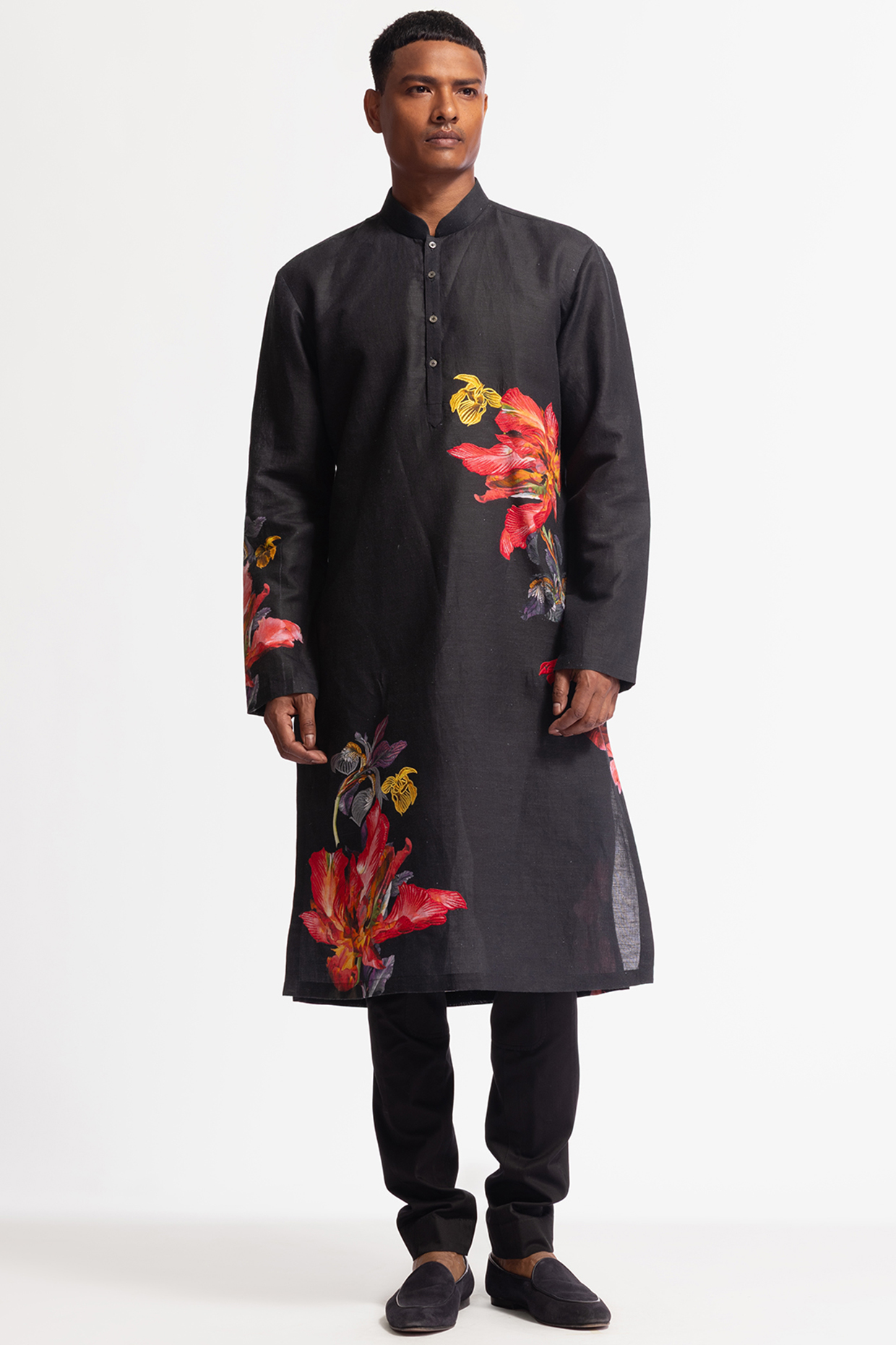 Black Linen Printed Kurta Set by Rohit Bal Men