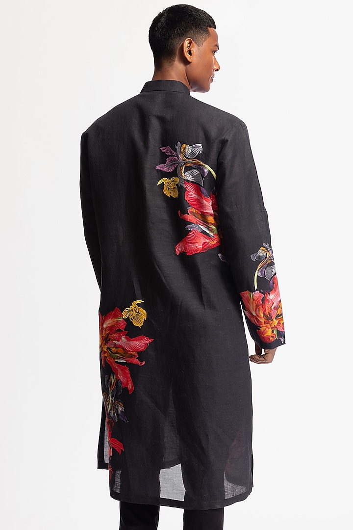 Black Linen Printed Kurta Set by Rohit Bal Men at Pernia's Pop Up Shop