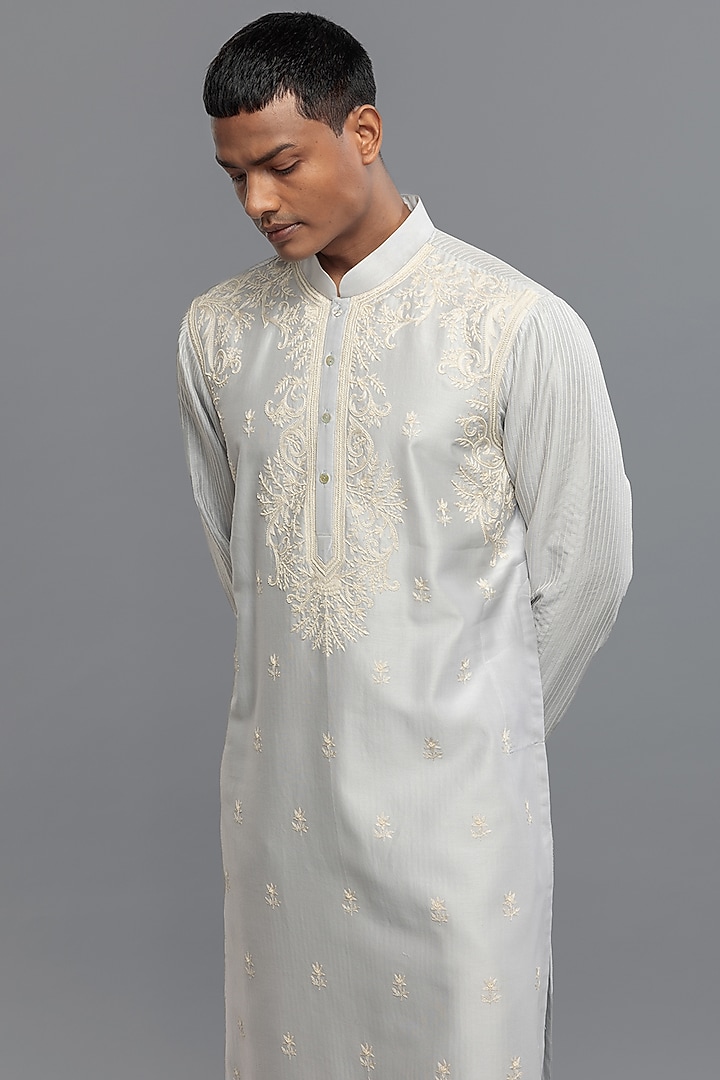 Powder Blue Chanderi Applique Hand Embroidered Kurta Set by Rohit Bal Men at Pernia's Pop Up Shop