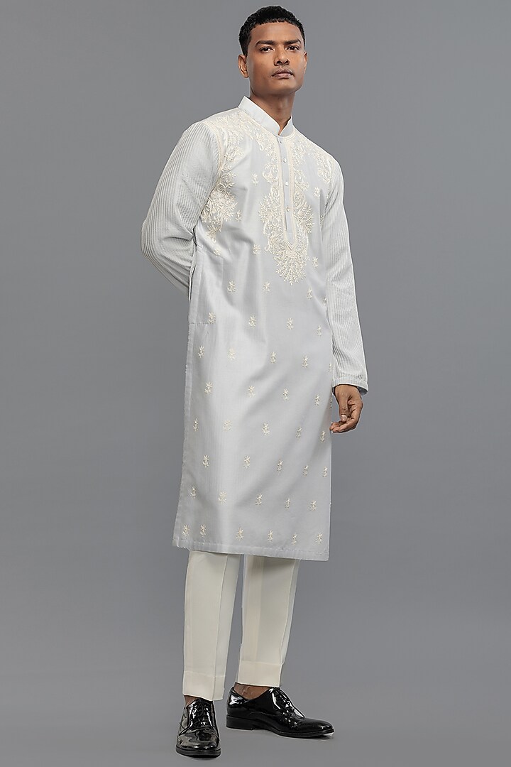 Powder Blue Chanderi Applique Hand Embroidered Kurta Set by Rohit Bal Men at Pernia's Pop Up Shop