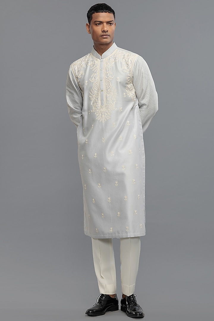 Powder Blue Chanderi Applique Hand Embroidered Kurta Set by Rohit Bal Men at Pernia's Pop Up Shop