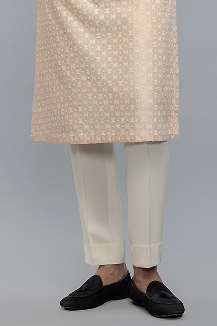 Powder Pink Chanderi Applique Embroidered Kurta Set by Rohit Bal Men at Pernia's Pop Up Shop