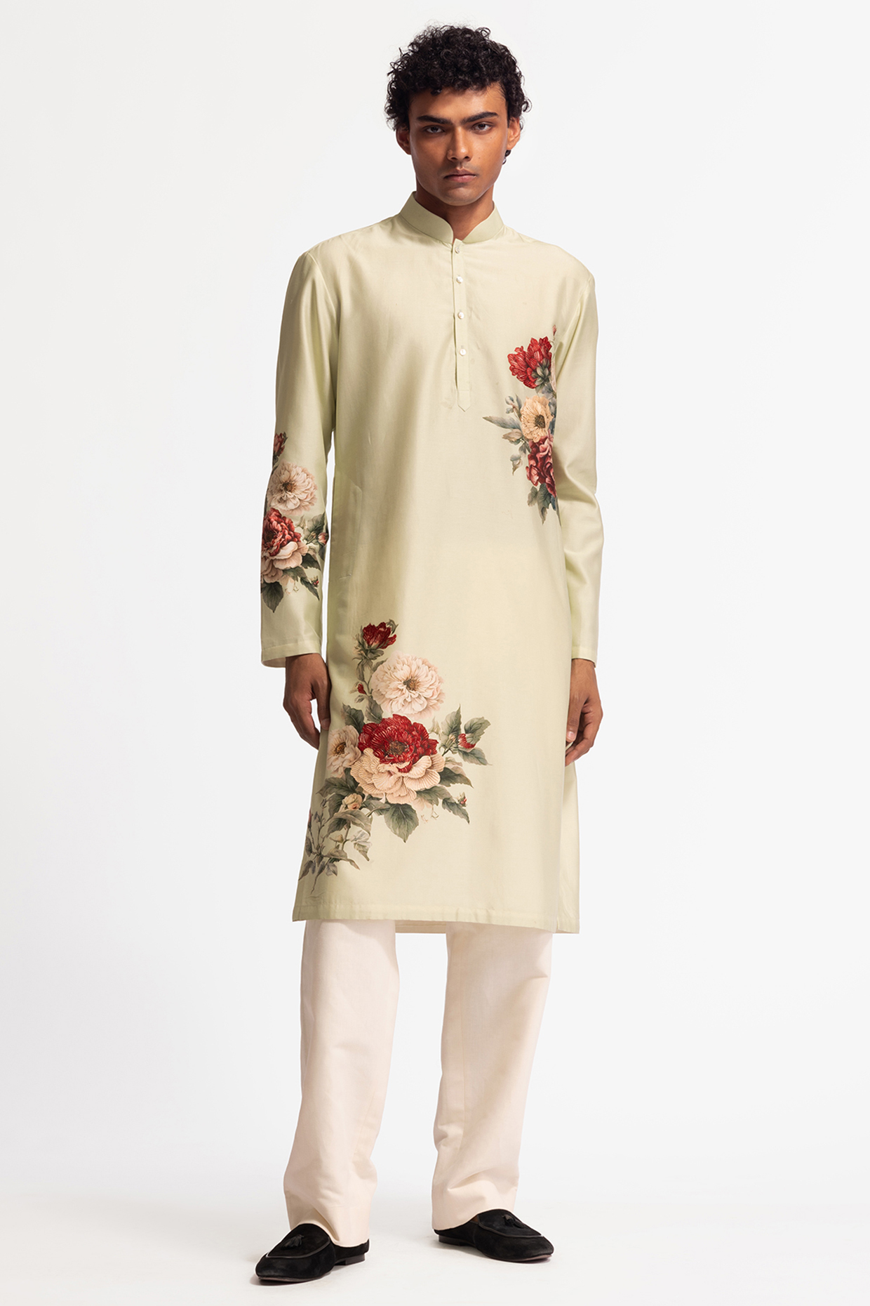 Sage Green Chanderi Floral Printed Kurta Set by Rohit Bal Men